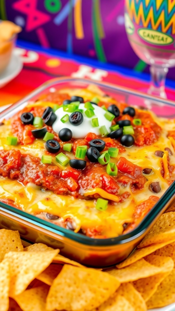Baked seven layer Mexican dip with layers of beans, guacamole, sour cream, salsa, cheese, olives, and green onions, served with tortilla chips.